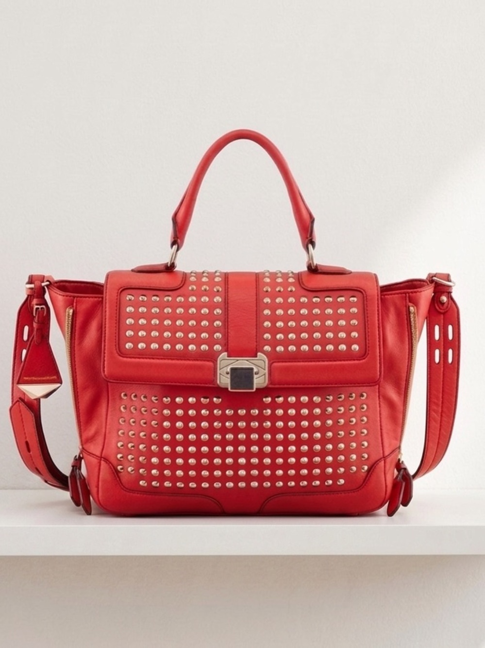 Rebecca Minkoff Red Leather Studded Side Zip Convertible Satchel Crossbody